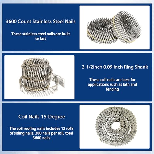Image of waltyotur 3600 Count Stainless Steel Coil Roofing Ring Shank Siding Nails 15-Degree Collated Wire Coil 2-1 /2 Inch, 0.09 Inch Ring Shank, Small Cap Coil Stud Siding Nails