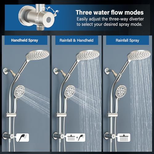 Regadera dual giratoria de 7,5 pulgadas con cabezal de mano, combinación para niños con diverter de 3 vías, barra deslizante ajustable para toda la familia, disfruta de una ducha tipo spa con lluvia de alta presión, acabado niquel cepillado miniatura 2