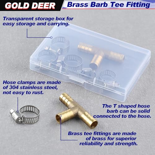 GOLD DEER 2PS 3/8" Brass Barb Tee Fittings ID Hose Pipe Fitting T-Shaped 3 Ways Hose Barb Reducer 3 Way Union Intersection Fitting Barbed Tee Connector with 6 PCS Hose Clamp for Oil Water Air - Image 2