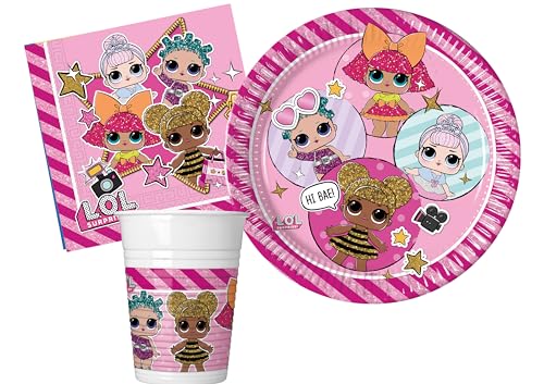 Kit Vaisselle de Fête L.O.L. Surprise! Glam pour 24 personnes (88 pcs: 24 assiettes Ø23cm, 24 gobelets 200ml, 40 serviettes 33x33cm)