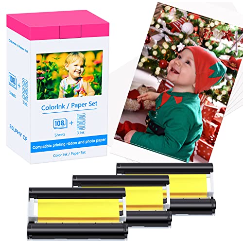 Kompatibel mit Canon Selphy KP-108IN 3115B001(AA) für Selphy CP CP1300 CP1500 CP1200 CP780 CP790 CP810 CP820 CP910 CP1000 Fotodrucker, 108 Fotopapier (100 x 148mm) + 3 Kartusche, Papier/Patrone Set Cover