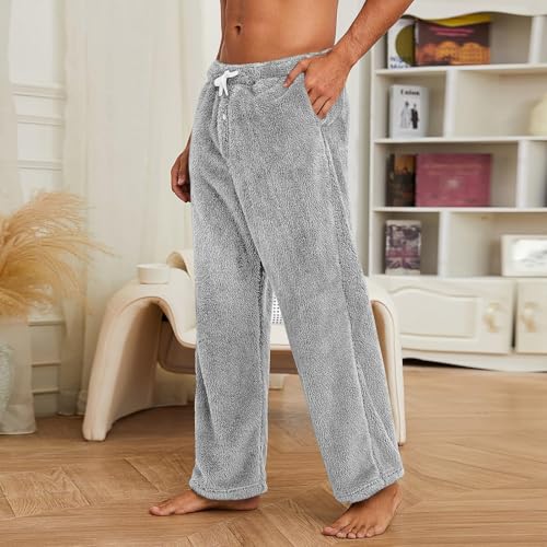 Men's Plush Fleece Pants Winter Cozy Wide Leg Fleece Lounge Pajama Trousers Elastic Waist Baggy Fluffy Soft Warm Pant4