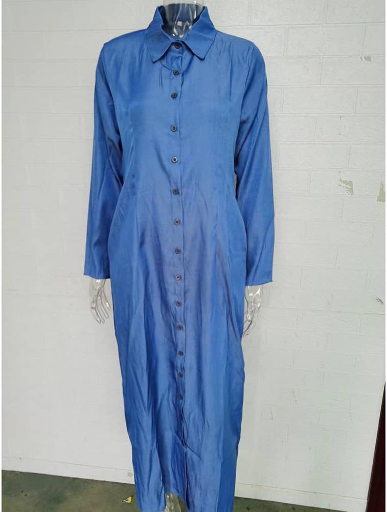 Womens Casual Long Sleeve Side Split Button Down Long Denim Dress Lapel Shirt Skirt for Fashion Cardigans - Light Blue L - Image 5