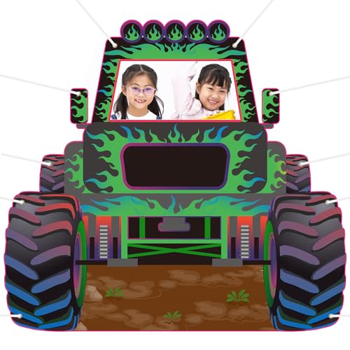 Leinuosen Monster Truck Photo Booth Props Green and Purple Truck Party Supplies Monster Birthday Backdrop Background Banner Baby Shower Props for Photobooth Birthday Party Decoration 59 x 48 Inch