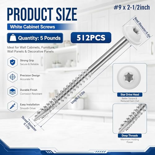 Tornillos para gabinetes blancos Tudomro 5 libras #9 x 2-1/2 pulgadas aprox. 512 piezas miniatura 2