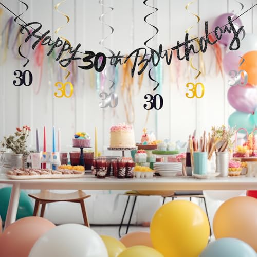 Image of 30th Birthday Decorations for Boys Swirls Streamers Set, Hanging Vortex Happy 30th Birthday Banner for Girls, Black and Gold 30 Birthday Decor Party Bunting