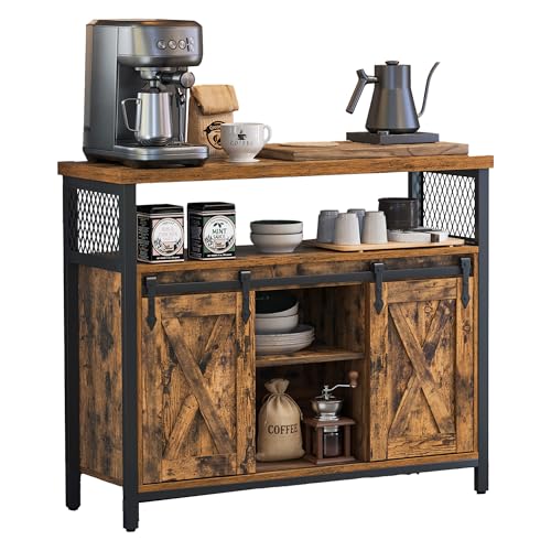 VASAGLE Aparador, Armario de Cocina, Armario de Almacenamiento, con 2 Puertas Correderas, 33 x 100 x 80 cm, Estantes Ajustables, para Salón, Marrón Rústico y Negro Tinta LSC092B01