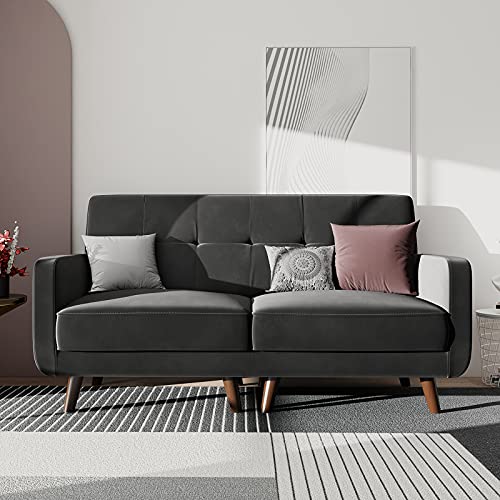HONBAY Grey Velvet Loveseat with Tufted Back 2 Seater Sofa Love Seats with Upholstered Fabric Loveseat Sofa for Small Spaces, Bedroom, Apartment, 62.2''