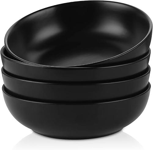 Selamica Juego de 4 cuencos de cerámica para pasta, apilables, aptos para microondas y lavavajillas, color negro mate