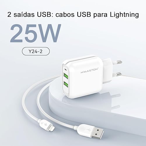 H'MASTON Carregador Turbo USB-C Fonte Carregador 25W + Cabo Lightning Com 2 Saída USB Compatível co