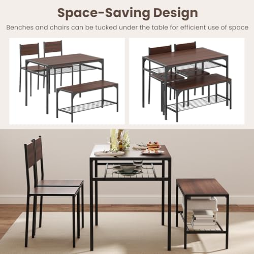 Image of Giantex Dining Table Set for 4, Kitchen Table with Chairs & Bench, Storage Racks, Metal Frame, 4-Piece Space-Saving Dinette Set for Dining Room, Breakfast Nook, Small Space, Apartment, Walnut