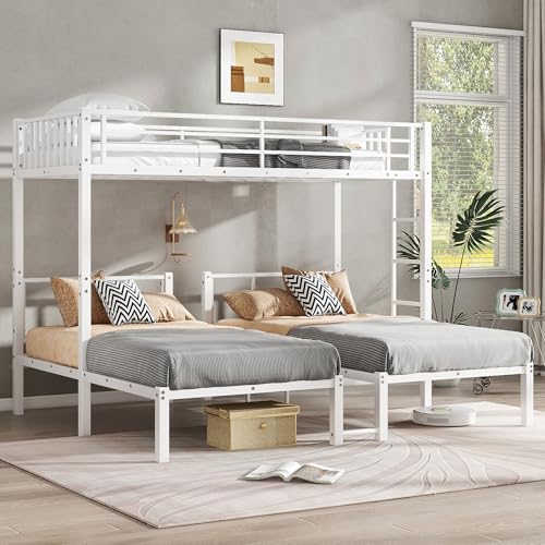 Bellemave Twin Over Twin Over Twin Bunk Bed for 3 Kids, Heavy Duty Triple Bunk Bed with Guardrails and Ladder, Twin Size Triple Bunk for Kids, Teens, White