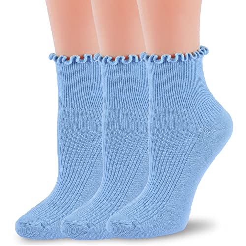 ViViKi Women Ruffle Socks, Fashion Breathable Solid Color Turn-Cuff Cute Girls Ankle Socks (Light Blue, 3 Pairs)