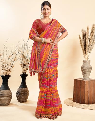 Image of SIRIL Women's Printed Chiffon Saree with Unstitched Blouse Piece