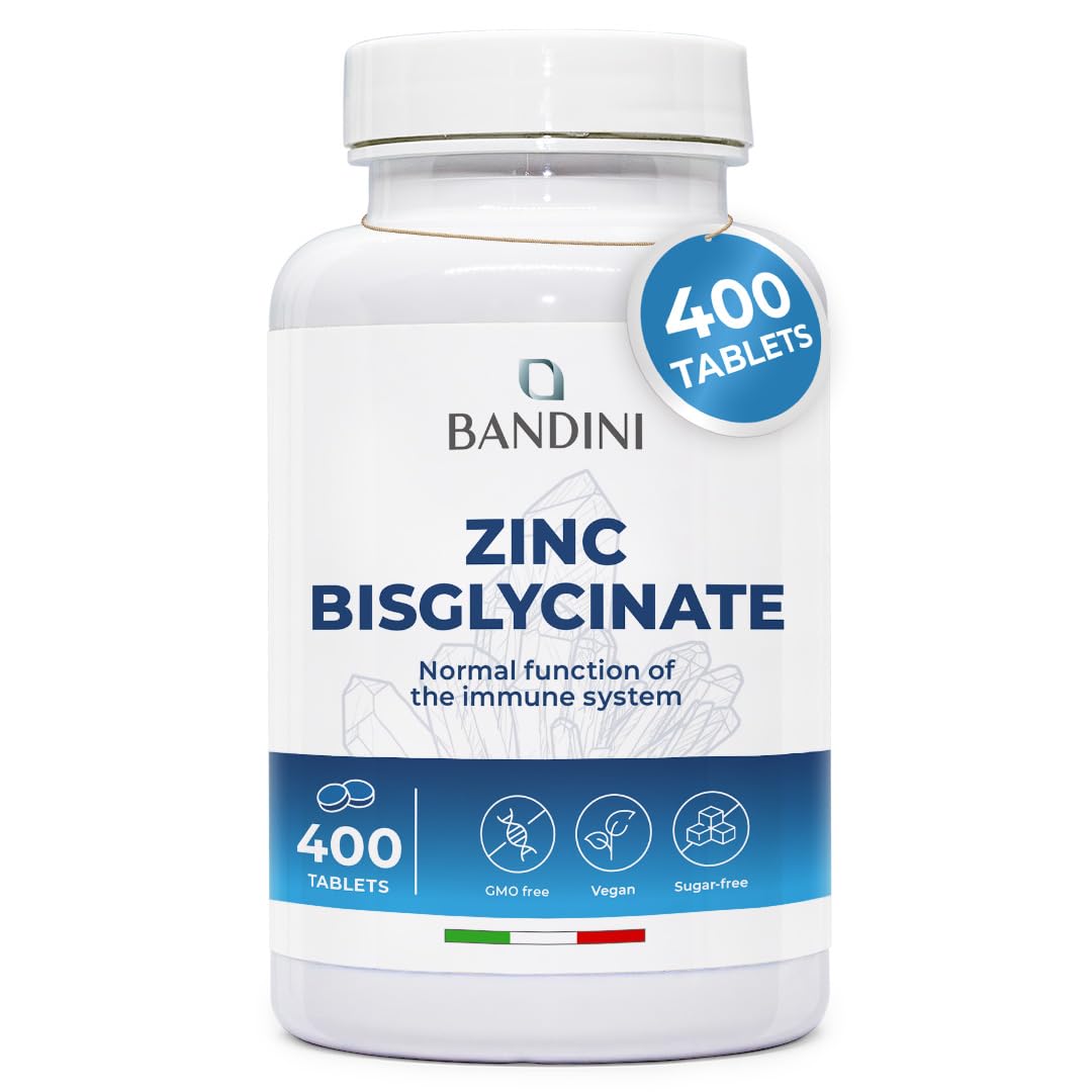 Bandini® Zinc Bisglycinate 400 Tablets (13-Month Supply), High Strength & High Absorption Pure Zink Supplement for Skin, Hair, Nails, Eyesight and Immune System, GMO-Free, Alternative to Capsules