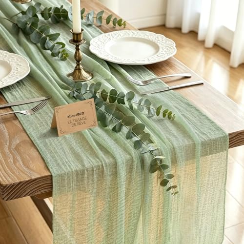 aboveBED Chemin de Table Vert Sauge, 85 x 300cm Chemins de Table Gaze Mousseline Tissu, Décoration de Table de Mariages, Anniversaires, Fêtes, Enterrements...