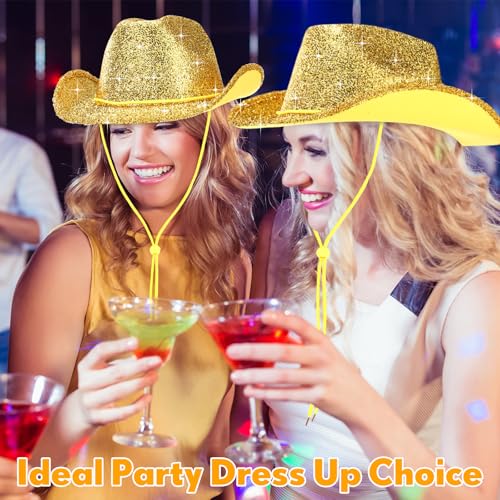 Image of Coume 12 Pcs Sparkly Adults Cowboy Hat and Bandanas Women Men Western Glitter Cowgirl Party Hats with Adjustable Drawstring