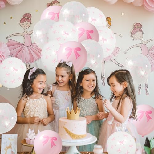 Image of Pink Bow Balloons, 35PCS Light Pastel Pink Clear White Bow Latex Balloon for Girls Women Wedding Bridal Baby Shower Bachelorette Engagement Princess Coquette Birthday Theme Party Decorations Supplies