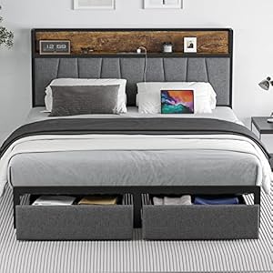 Queen Size Bed Frame with Headboard and Storage, Drawers Platform Bed Frame with Storage Chargin Station LED Light Bed Frame, Heavy Duty, No Box Spring Needed