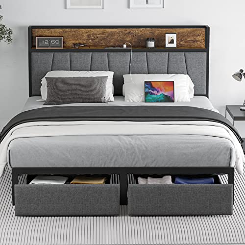 Queen Size Bed Frame with Headboard and Storage, Drawers Platform Bed Frame with Storage Chargin Station LED Light Bed Frame, Heavy Duty, No Box Spring Needed