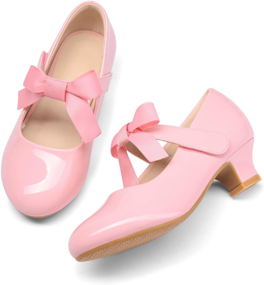 Coutgo Girls Dress Shoes Mary Jane Low Heels Bow Wedding Princess Shoes | Flower Girl Pumps, Hook and Loop, Cute Round Toe, Party Birthday, School Performances