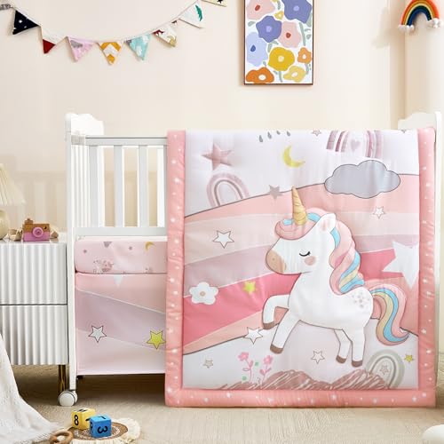 Image of 3-Piece Crib Bedding Set for Girls - Ultra Soft Baby Bedding Set Includes Crib Comforter, Sheet & Skirt (Unicorn)