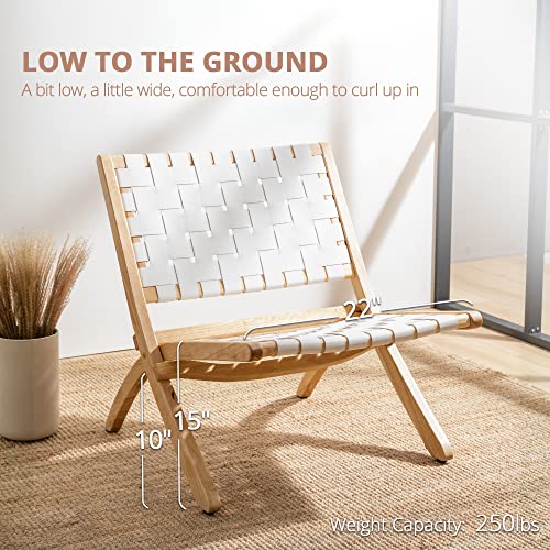 Lue Bona Folding Woven Faux Leather Accent Chair, White Leather And Natural Wood, Midcentury Modern Lounge Chair, Scandinavian Rattan Low Chair For Living Room, Bedroom, Patio, Balcony #TOP3