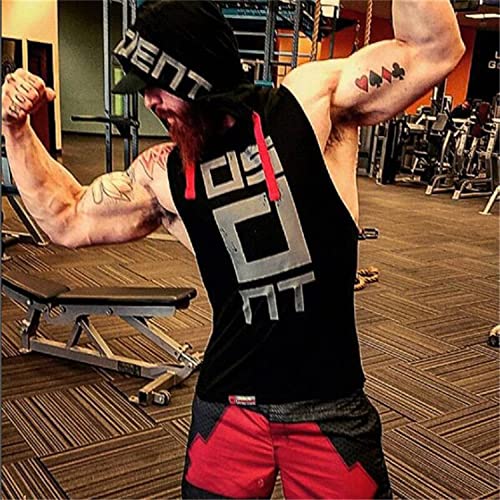 Image of HOT BUTTON Men's Hooded Tank Top | Slim Fit Sleeveless Gym Bodybuilding Stringer | Quick Dry Sports Training Vest Graphic Printed Hoodie for Men