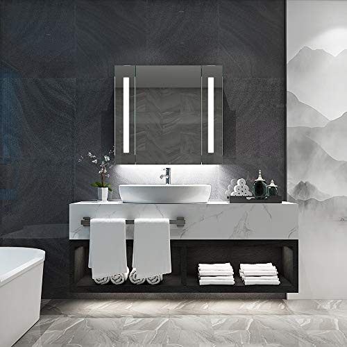 Quavikey Bathroom Mirror Cabinets LED Illuminated Mirrored Bathroom Cabinets Wall Mounted With Light Shaver Socket Demister For Makeup Cosmetic Shaver Charging 650 x 600mm