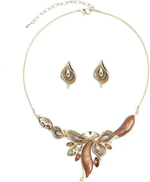 Chunky Statement Jewelry Set Vintage Gold Champagne Retro Leaf Flower Calla Lily Floral Aesthetic Bohemian Boho Bib Necklace Earring Set Fashion Costume Jewelry Women Wedding Party Prom Unique Gift