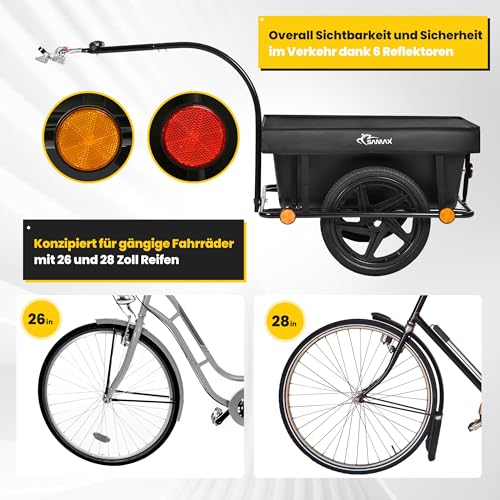 SAMAX Lastenanhänger Fahrradanhänger 90 Liter 80 Kg mit Kupplung Schutzplane und Verbindungsschelle - Transportanhänger Fahrrad Anhänger Handwagen mit Kunststoffwanne in Schwarz - Mountain