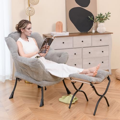 COSTWAY Fauteuil Salon Scandinave, avec Repose-Pieds Pliable, Canapé Relax Confortable en Sherpa avec Oreiller et Poche Latérale, Fauteuil Chambre pour...