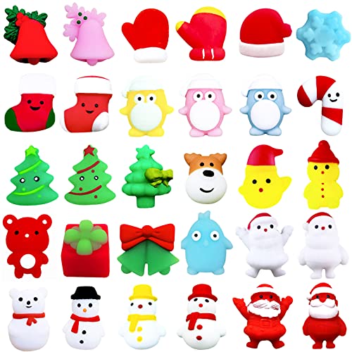 30Pcs Christmas Mochi Squishy Toys Christmas Mini Kawaii Moji Xmas Squeeze Soft Fidget Toys Include Santa Snowman Xmas Tree for XmasParty Bags Fillers Girls Boys Treats Party Favors Gifts