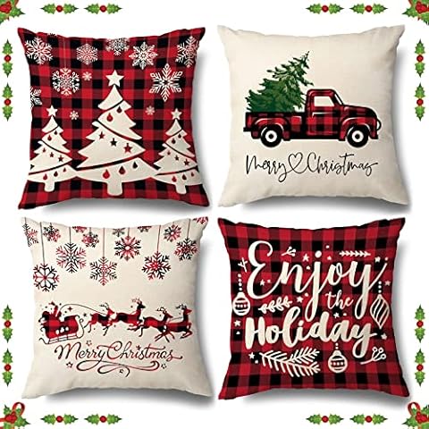 Christmas Cushion Cover Indoor Decorations, 4 Pcs Cushions and Throws 45 x 45 cm, Buffalo Pillowcase Pillow covers for Office Home Sofa Bed Christmas Decor Cover
