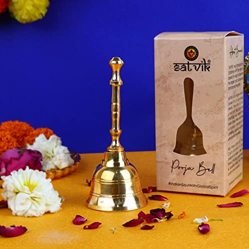 SATVIK 1PC Small - 4 Inch l Exquisite Handheld Brass Bell For Puja l Traditional Bells for Mandir l Ideal for Office, Daily Puja & Gifting l Divine Sound l Brass Ghanti for Pooja, Temple & Prayer Room