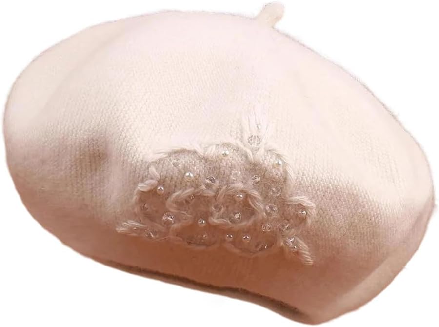 Women's Winter Knit Beret Hat with Flower Pearls Detail Warm Soft Accessory for Outdoors Sports Cold Weather