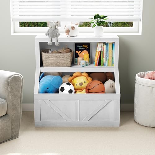 GarveeHome Kids Bookshelf and Toy Storage, 2 Tier Toy Organizer with Storage Cabinet, Toddler 2 Shelf Bookcase for Playroom, Bedroom, Living Room, Classroom, Vintage White
