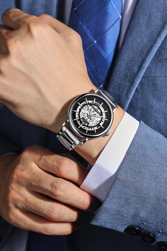 Image of Giordano Analog Quartz Watch for Men with Skeleton Round Dial, Date Function, Luminous Hands and Markers, Leather & Stainless Steel Strap - GZ-50182