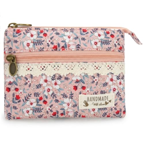 Image of Women Small Zipper Coin Purse, Handmade Fabric Flower Embroidered Change Pouch, Cotton Double Zipper Wallet
