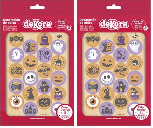 dekora - 20 Mini Discos Comestibles de decoración para Halloween – Decoración para Tartas, Cupcakes, Galletas y Postres – Ojos, Calaveras, Calabazas y Fantasmas, Adornos de Oblea 100% Comestibles