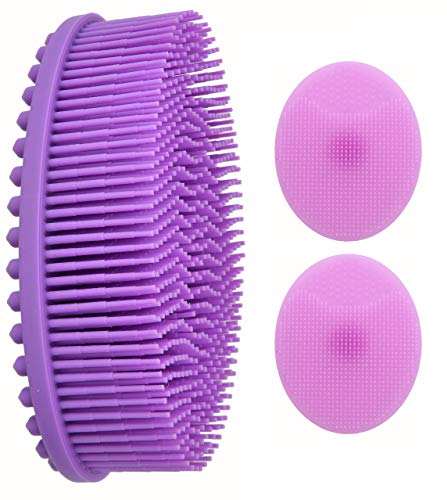 Exfoliating Silicone Body Scrubber with 2 Soft Facial Cleansing Brush, Hygienic Easy to Clean Exfoliating Brush Silicone Loofah, Massager Silicone Bath Body Brush