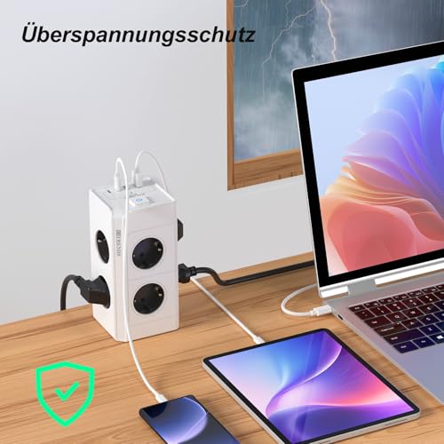 8-drożna listwa zasilająca z wieloma gniazdami, listwa zasilająca z 4 gniazdami, listwa zasilająca z 2 USB A i 2 type-c, ochrona przed wielokrotnym wtykiem i przełącznikiem, do biura