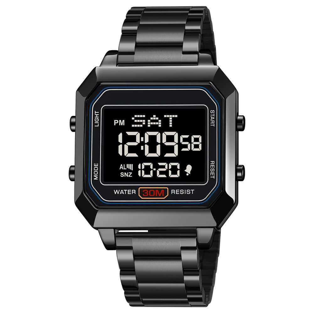 zolohoni Stainless Steel Digital Watch for Men & Women, Japanese Quartz, Square, Water Resistant, Black Dial & Band, M143.H