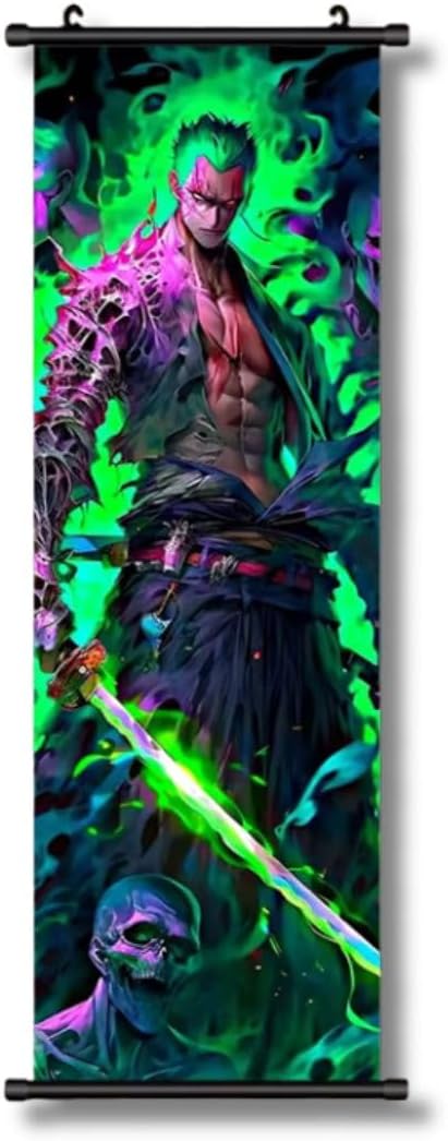 Large One Piece Anime Wall Scroll Poster, Roronoa Zoro Green Flame Design, Cloth Fabric, 15.7" W x 47.2" L, Vertical Hanging Art for Room Decor
