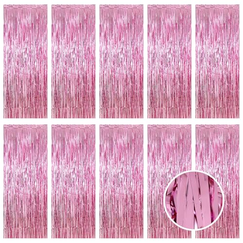 10 Pack Pink Foil Curtain Backdrop 3.2ft x 9.8ft Metallic Tinsel Foil Fringe Curtains Streamer Photo Booth Backdrop for Birthday Party Engagement Bachelorette Party Decorations (Pink)
