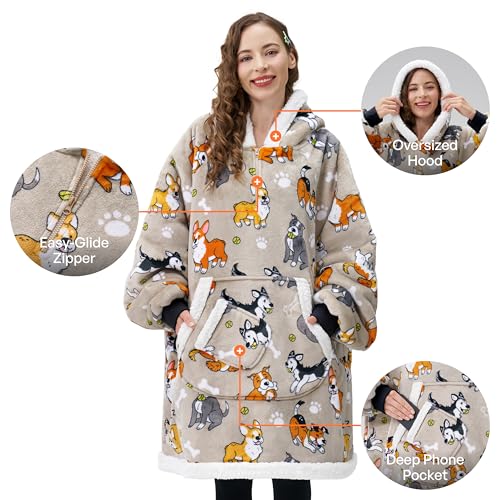 Image of Giggling Getup Wearable Blanket Hoodie for Adults Gifts for Teen Girls Sister Women Sherpa Fleece Printed Hooded Blanket Sweatshirt Warm Cozy with Pocket & Sleeves Grey Dog
