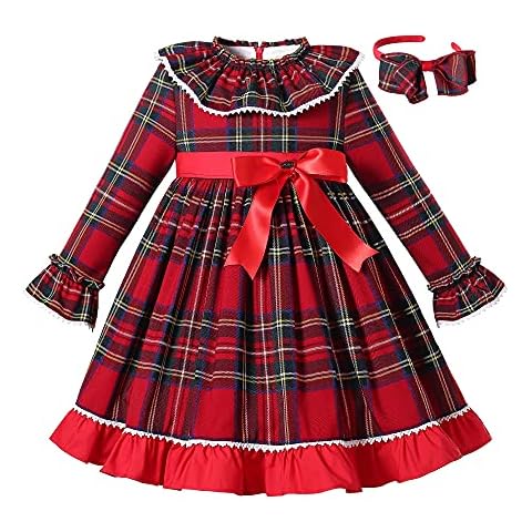Ju petitpop Girls Kids Elegant Christmas Winter Red Plaid Dresses Clothes Size 2 3 4 5 6 8 10 12 Years Cover