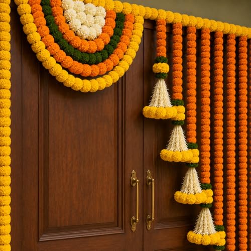 Image of Rajasthan Kraft Marigold Door Toran 65x40 Inch, Artificial Flower Bandanwar for Main Door Entrance| Festive Wall Hanging Decor for Diwali| Wedding, Pooja|(Yellow,Orange Flower and Tuberose Tassels)