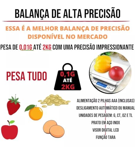 Mini Balança Digital de Cozinha Portátil 2kg de Alta Precisão 0,1g Até 2kg Multiuso Doméstico Alimen