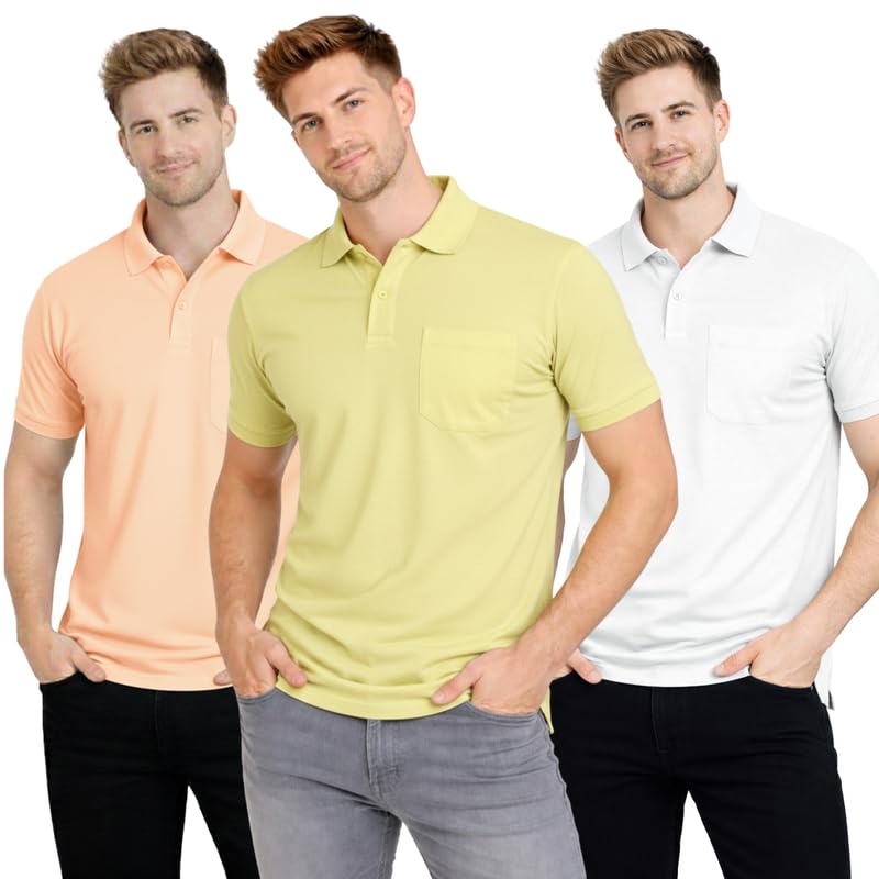 Image of SMAN Polo Neck T-Shirt Pack of 3 for Men & Boys | Half Sleeve Collar Tee with Pocket | Premium Spun Matty Fabric | Casual & Office Wear | Sizes M to 2XL | FX PO3 MCR LMN WHT
